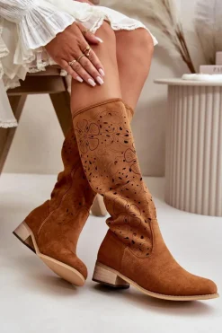 Ażurowe Kozaki Damskie Na Niskim Obcasie Eko Zamszowe Zapinane Na Zamek Camel Orchides