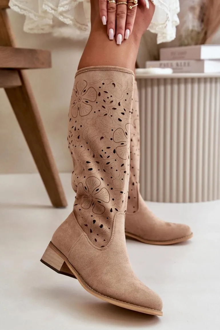 Ażurowe Kozaki Damskie Na Niskim Obcasie Eko Zamszowe Zapinane Na Zamek Ciemnobeżowe Orchides