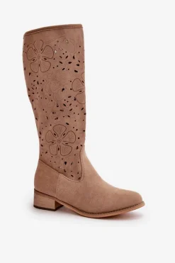 Ażurowe Kozaki Damskie Na Niskim Obcasie Eko Zamszowe Zapinane Na Zamek Ciemnobeżowe Orchides