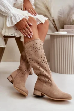 Ażurowe Kozaki Damskie Na Niskim Obcasie Eko Zamszowe Zapinane Na Zamek Ciemnobeżowe Orchides