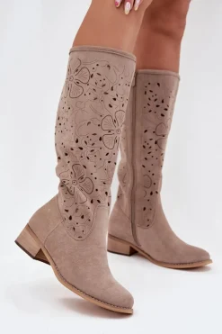 Ażurowe Kozaki Damskie Na Niskim Obcasie Eko Zamszowe Zapinane Na Zamek Beżowe Orchides