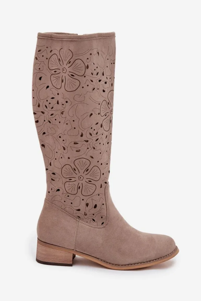 Ażurowe Kozaki Damskie Na Niskim Obcasie Eko Zamszowe Zapinane Na Zamek Beżowe Orchides