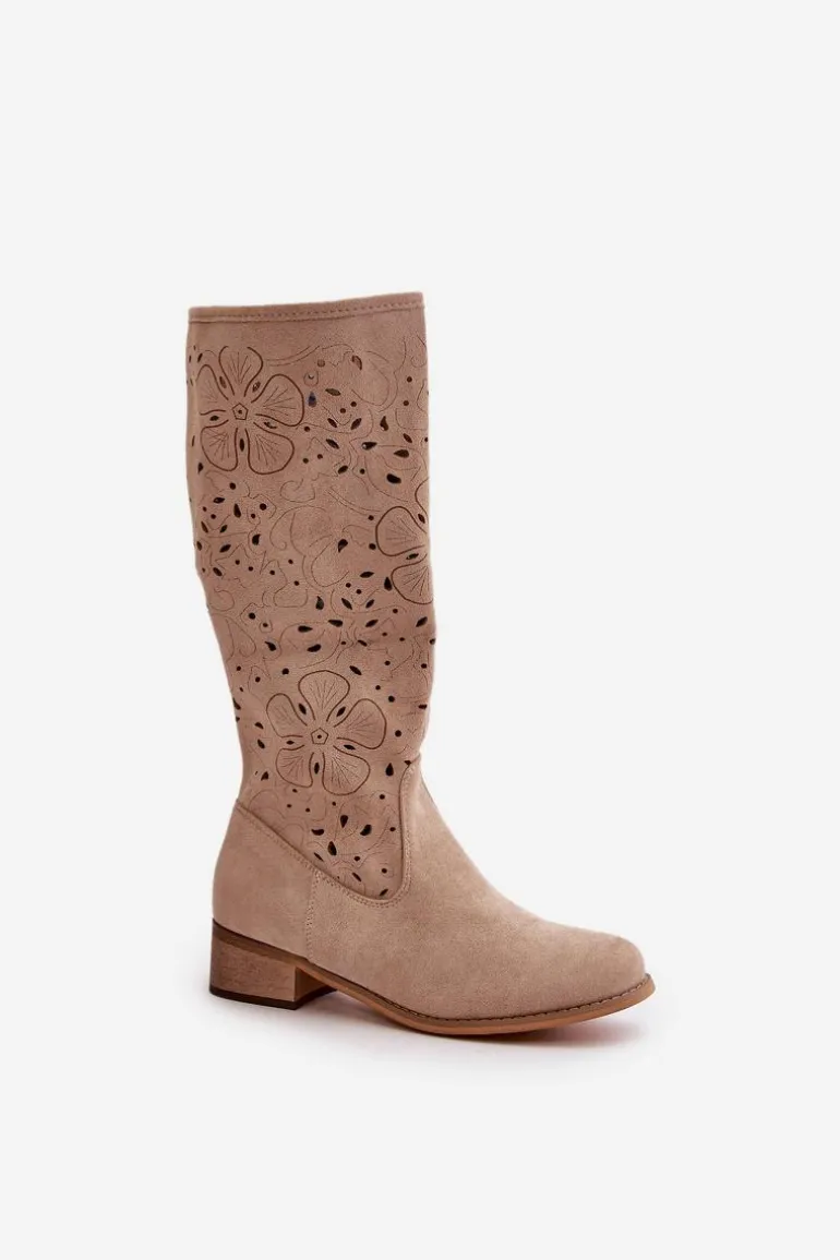 Ażurowe Kozaki Damskie Na Niskim Obcasie Eko Zamszowe Zapinane Na Zamek Jasnobeżowe Orchides