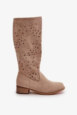 Ażurowe Kozaki Damskie Na Niskim Obcasie Eko Zamszowe Zapinane Na Zamek Jasnobeżowe Orchides