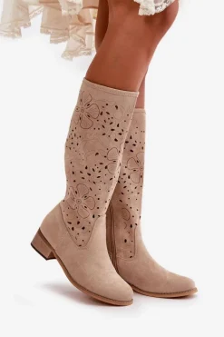 Ażurowe Kozaki Damskie Na Niskim Obcasie Eko Zamszowe Zapinane Na Zamek Jasnobeżowe Orchides