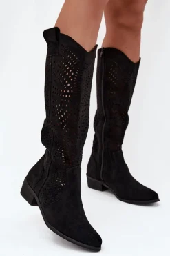 Ażurowe Kozaki Damskie Na Klocku Przed Kolano Czarne Fioris