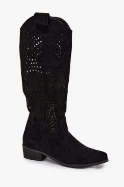 Ażurowe Kozaki Damskie Na Klocku Przed Kolano Czarne Fioris