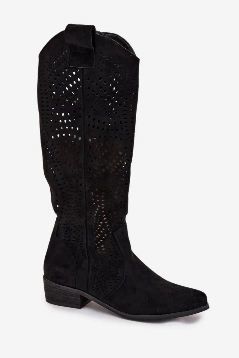 Ażurowe Kozaki Damskie Na Klocku Przed Kolano Czarne Fioris