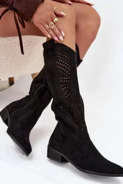 Ażurowe Kozaki Damskie Na Klocku Przed Kolano Czarne Fioris