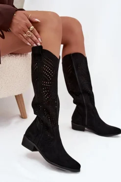 Ażurowe Kozaki Damskie Na Klocku Przed Kolano Czarne Fioris