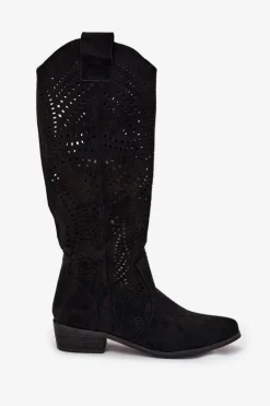 Ażurowe Kozaki Damskie Na Klocku Przed Kolano Czarne Fioris