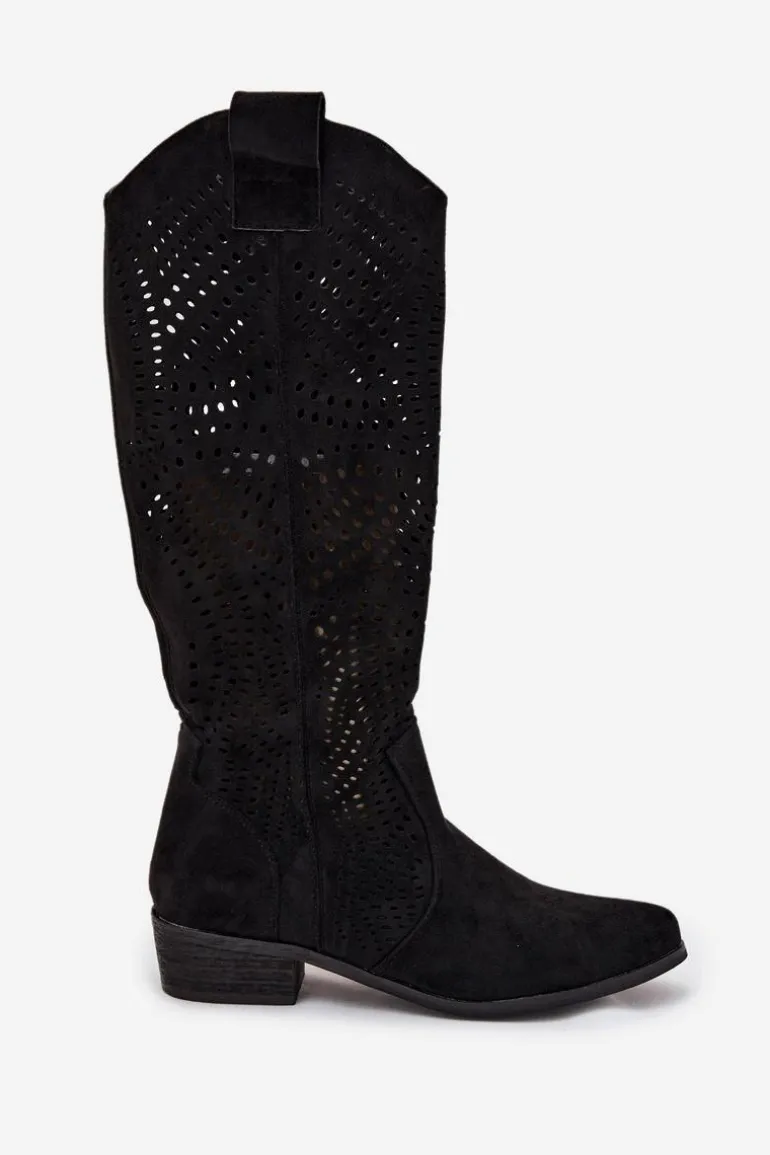 Ażurowe Kozaki Damskie Na Klocku Przed Kolano Czarne Fioris