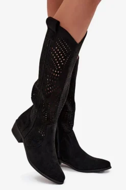 Ażurowe Kozaki Damskie Na Klocku Przed Kolano Czarne Fioris