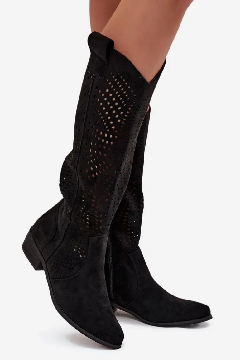 Ażurowe Kozaki Damskie Na Klocku Przed Kolano Czarne Fioris