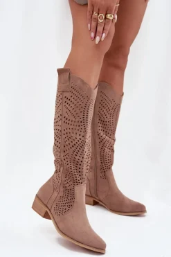 Ażurowe Kozaki Damskie Na Klocku Przed Kolano Beżowe Fioris
