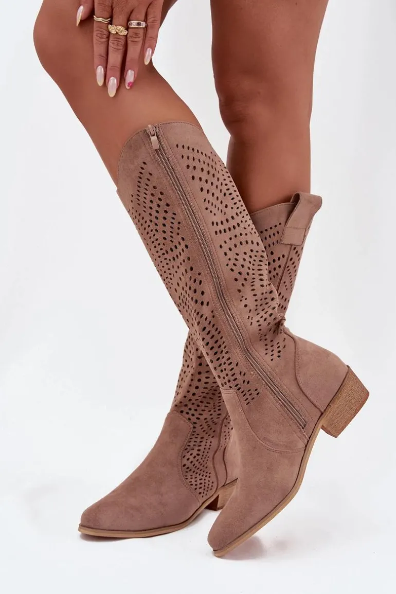 Ażurowe Kozaki Damskie Na Klocku Przed Kolano Beżowe Fioris