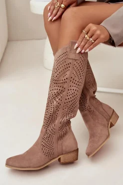Ażurowe Kozaki Damskie Na Klocku Przed Kolano Beżowe Fioris