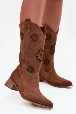 Ażurowe Kozaki Damskie Z Naturalnego Zamszu Na Klocku Zazoo 3793 Brązowe