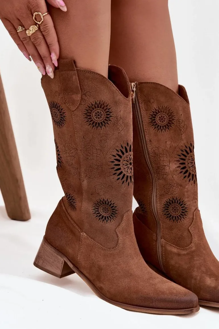 Ażurowe Kozaki Damskie Z Naturalnego Zamszu Na Klocku Zazoo 3793 Brązowe