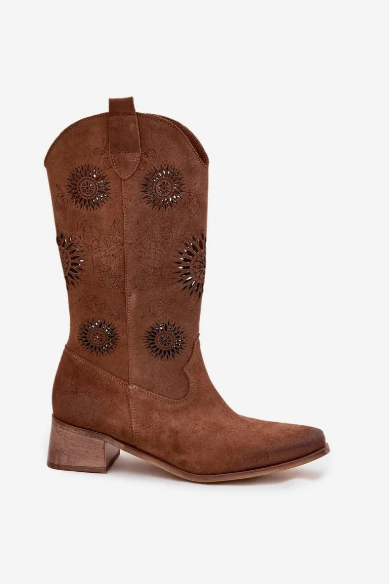 Ażurowe Kozaki Damskie Z Naturalnego Zamszu Na Klocku Zazoo 3793 Brązowe