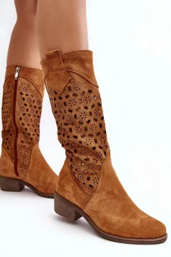 Ażurowe Kozaki Damskie Zamszowe Na Niskim Obcasie Camel Ndulu