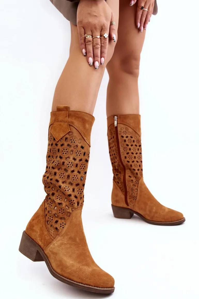 Ażurowe Kozaki Damskie Zamszowe Na Niskim Obcasie Camel Ndulu