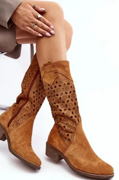 Ażurowe Kozaki Damskie Zamszowe Na Niskim Obcasie Camel Ndulu