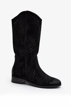 Ażurowe Kozaki Do Połowy Łydki Czarne Kleorelia