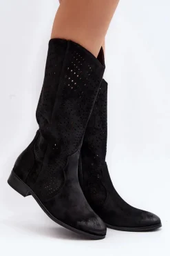 Ażurowe Kozaki Do Połowy Łydki Czarne Kleorelia