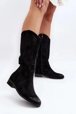 Ażurowe Kozaki Do Połowy Łydki Czarne Kleorelia