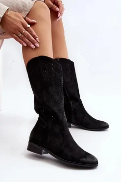 Ażurowe Kozaki Do Połowy Łydki Czarne Kleorelia