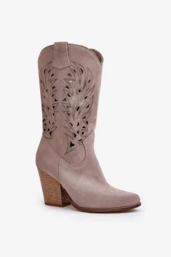 Ażurowe Kozaki Do Połowy Łydki Na Słupku Zamszowe Lewski 3609 Cappucino