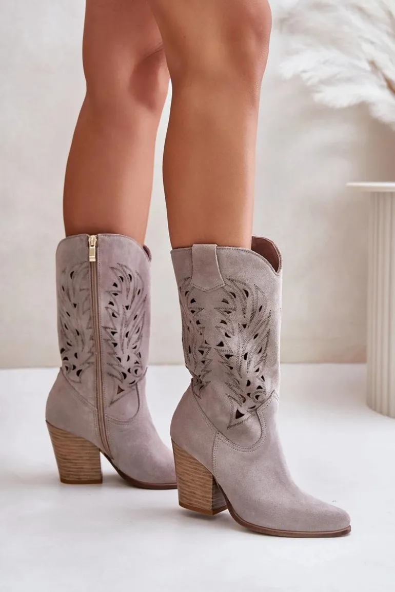 Ażurowe Kozaki Do Połowy Łydki Na Słupku Zamszowe Lewski 3609 Cappucino