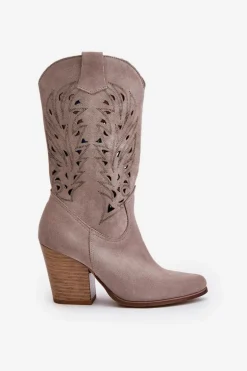 Ażurowe Kozaki Do Połowy Łydki Na Słupku Zamszowe Lewski 3609 Cappucino