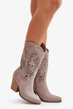 Ażurowe Kozaki Do Połowy Łydki Na Słupku Zamszowe Lewski 3609 Cappucino