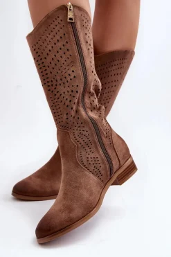 Ażurowe Kozaki Do Połowy Łydki Brązowe Kleorelia