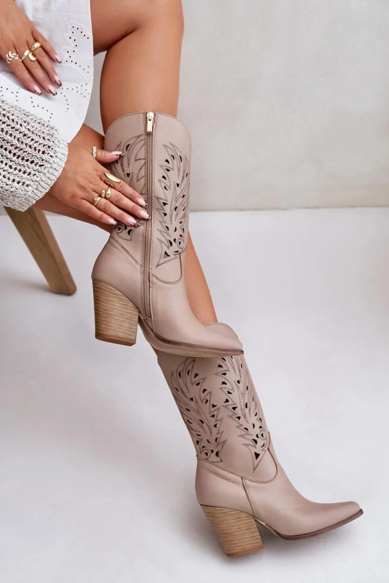 Ażurowe Kozaki Do Połowy Łydki Na Słupku Skórzane Lewski 3609 Beżowe