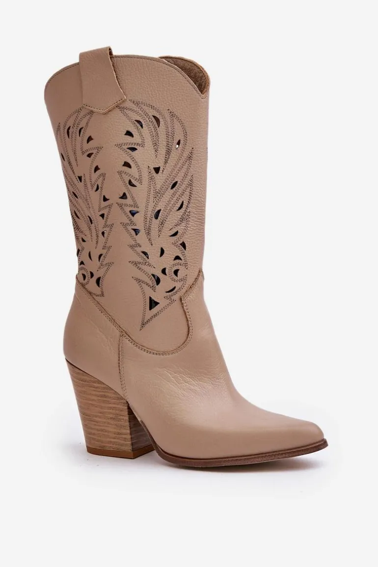 Ażurowe Kozaki Do Połowy Łydki Na Słupku Skórzane Lewski 3609 Beżowe