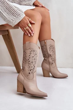 Ażurowe Kozaki Do Połowy Łydki Na Słupku Skórzane Lewski 3609 Beżowe