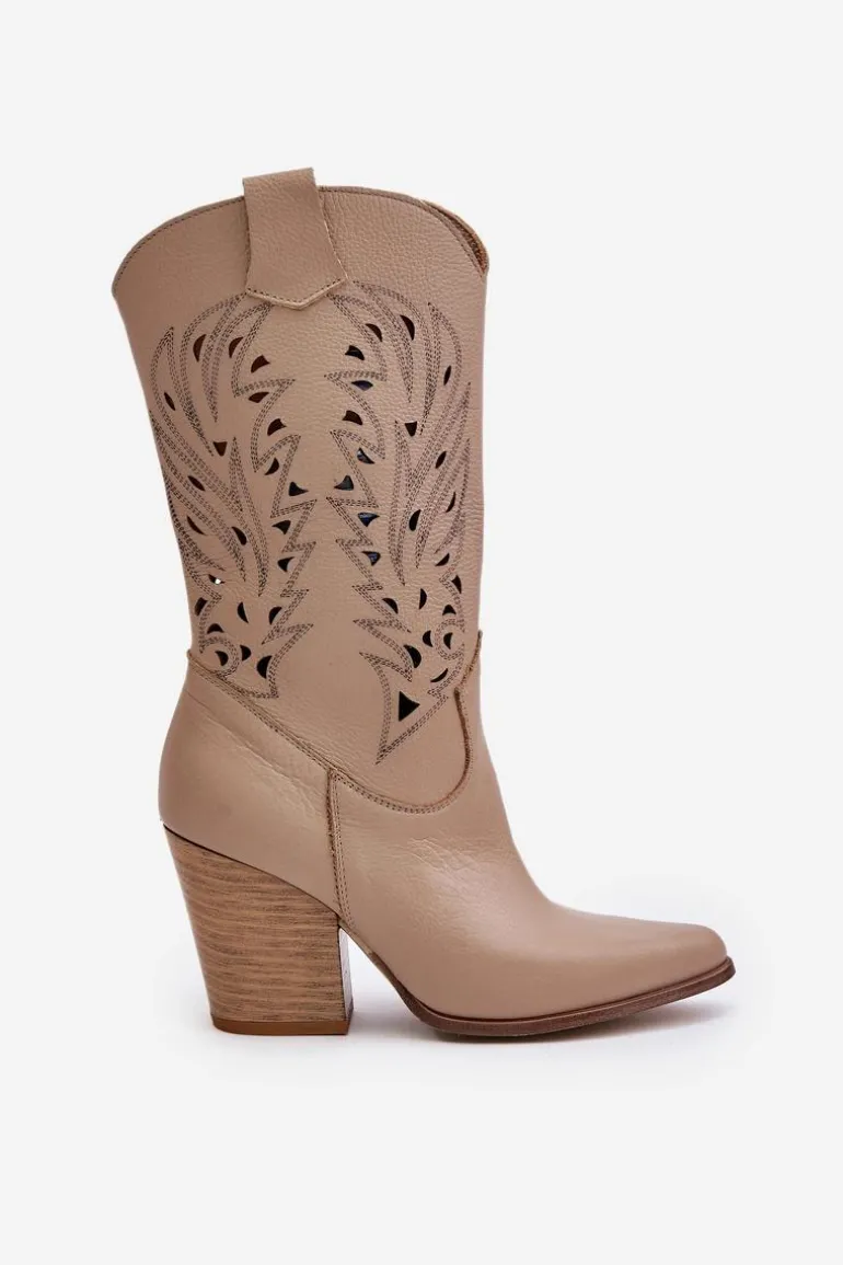 Ażurowe Kozaki Do Połowy Łydki Na Słupku Skórzane Lewski 3609 Beżowe