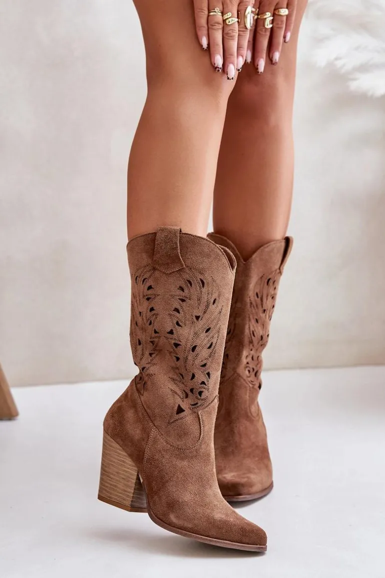 Ażurowe Kozaki Do Połowy Łydki Na Słupku Zamszowe Lewski 3609 Brązowe