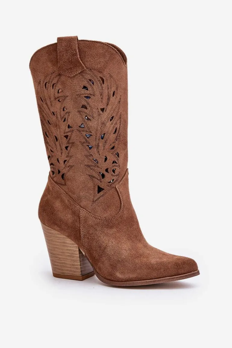 Ażurowe Kozaki Do Połowy Łydki Na Słupku Zamszowe Lewski 3609 Brązowe