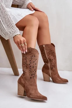 Ażurowe Kozaki Do Połowy Łydki Na Słupku Zamszowe Lewski 3609 Brązowe