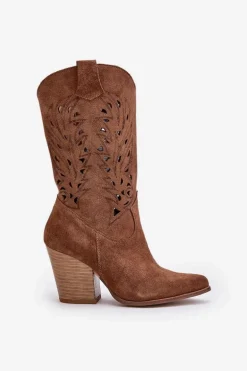Ażurowe Kozaki Do Połowy Łydki Na Słupku Zamszowe Lewski 3609 Brązowe