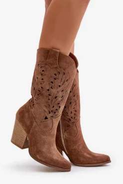 Ażurowe Kozaki Do Połowy Łydki Na Słupku Zamszowe Lewski 3609 Brązowe