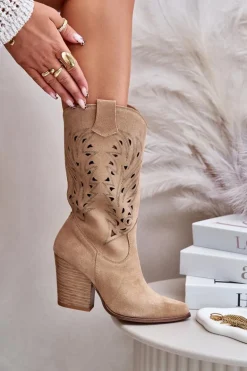 Ażurowe Kozaki Do Połowy Łydki Na Słupku Zamszowe Lewski 3609 Beżowe