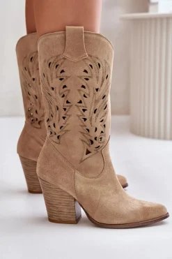 Ażurowe Kozaki Do Połowy Łydki Na Słupku Zamszowe Lewski 3609 Beżowe