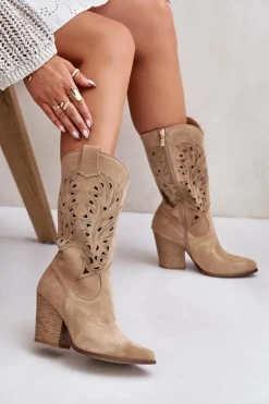 Ażurowe Kozaki Do Połowy Łydki Na Słupku Zamszowe Lewski 3609 Beżowe
