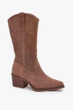 Ażurowe Kozaki Kowbojki Damskie Na Obcasie Ciemnobeżowe Olivette