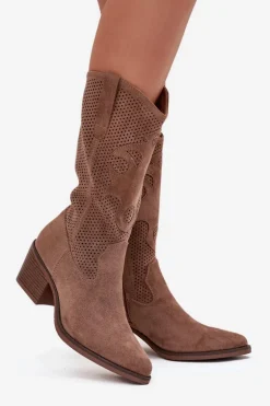 Ażurowe Kozaki Kowbojki Damskie Na Obcasie Ciemnobeżowe Olivette